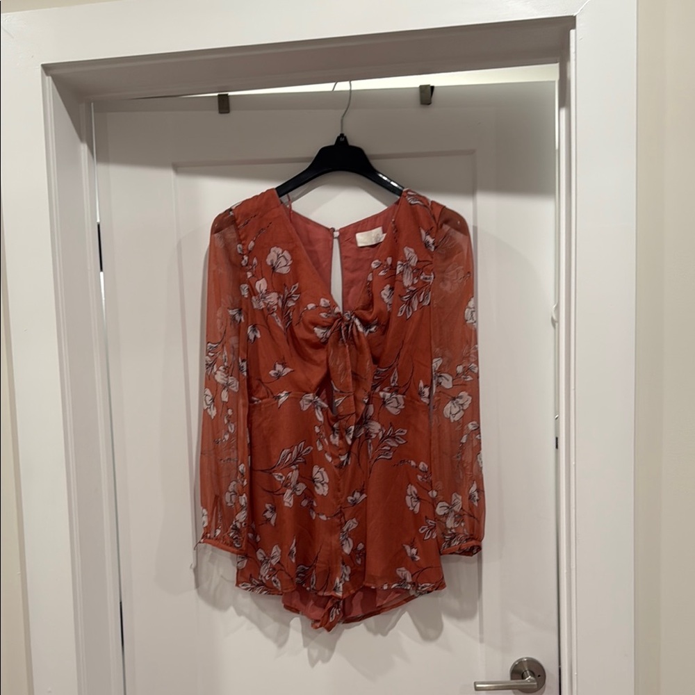 T&J Designs Brown Jumpsuit with 3/4 Sleeves and Ruffled Tie Front